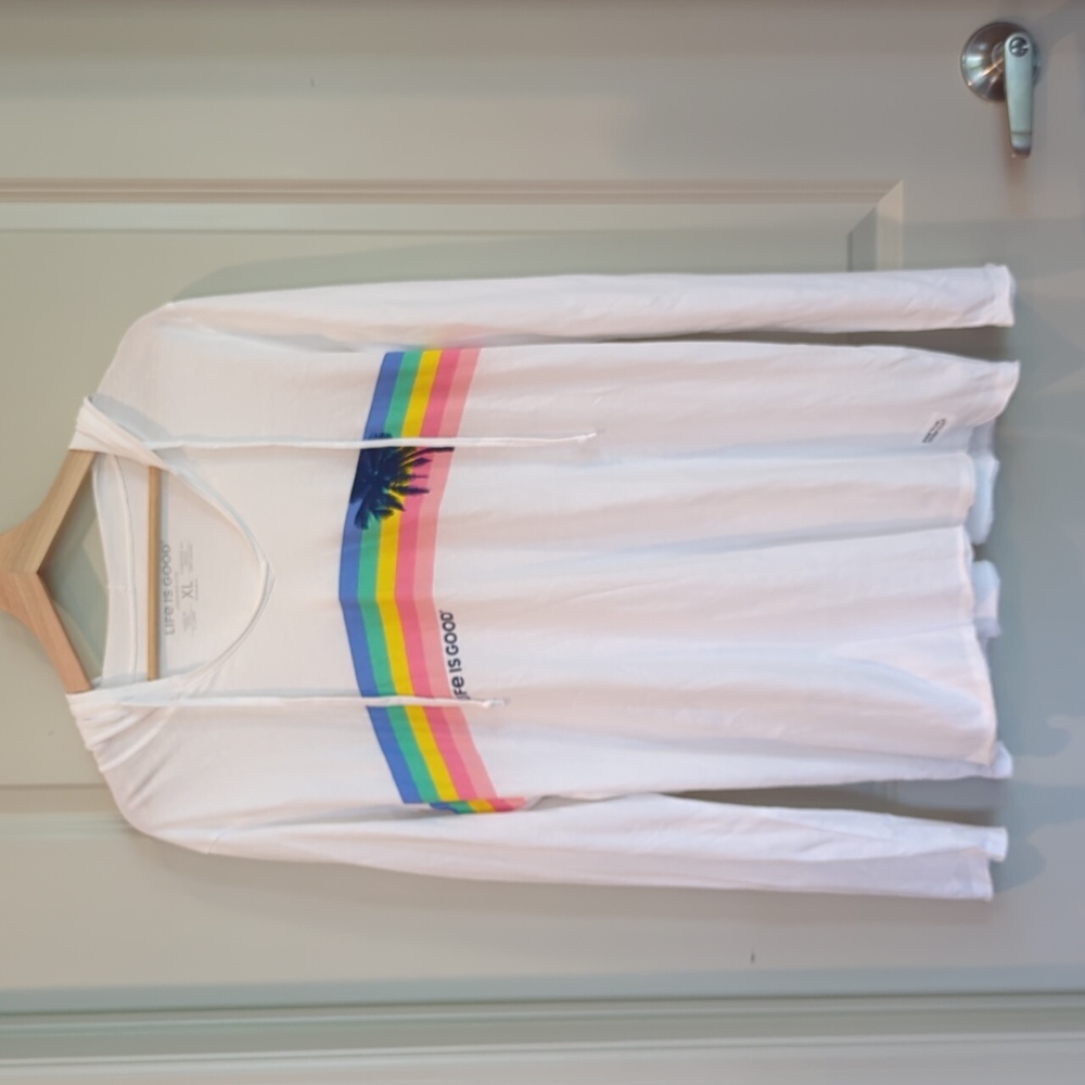 Life is Good Women's Long Sleeve Drawstring Hoodie White and Multi Colors NWT